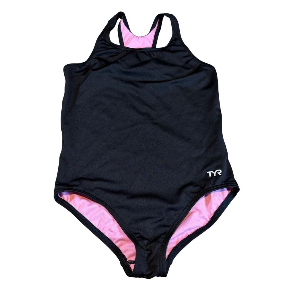 TYR Girls Solid Maxfit One Piece Swimsuit Black Pink Durafast Elite L 10/12